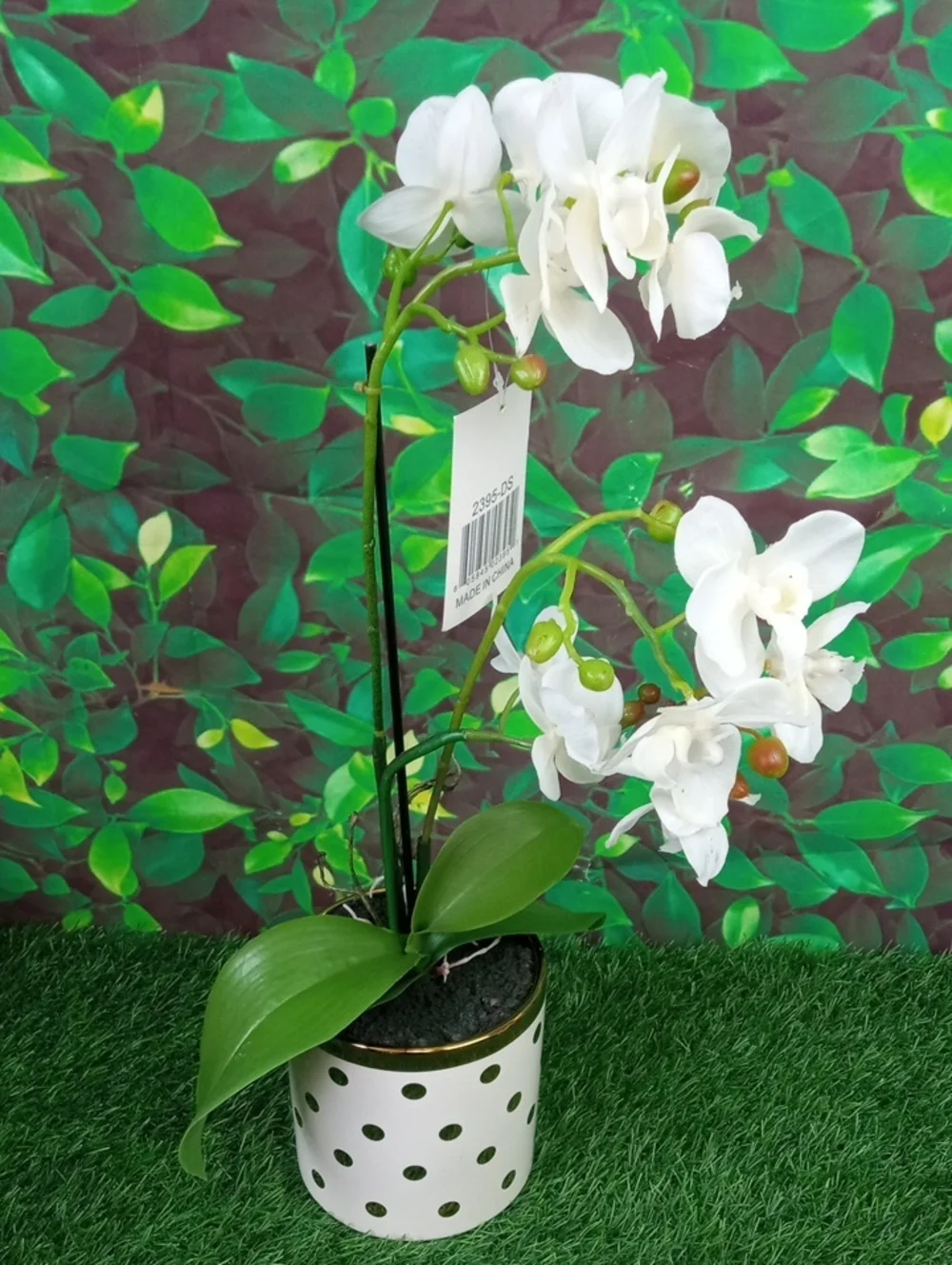 🏠 White Artificial Orchid in Polka Dot Pot - Home Accents